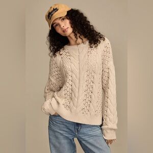 NWT LUCKY BRAND women's pointelle cable crewneck sweater size XL cream tan boho